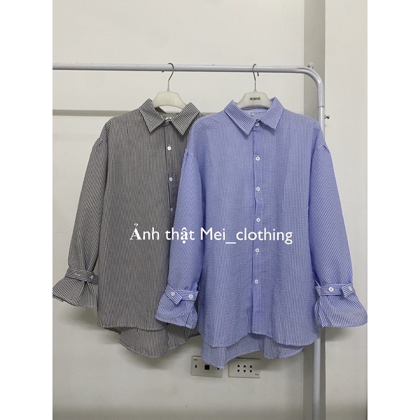 [Ảnh thâtk/video] Áo sơmi kẻ sọc Ulzzang phối Tay Xoè cách điệu có thể điều chỉnh