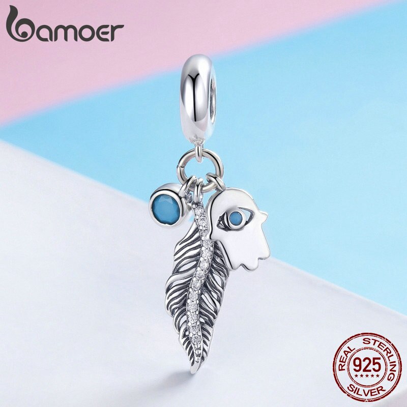 Phụ Kiện Mặt Dây Bamoer SCC880 Bằng Bạc 925 Hình Lông Vũ Phong Cách Bohemian