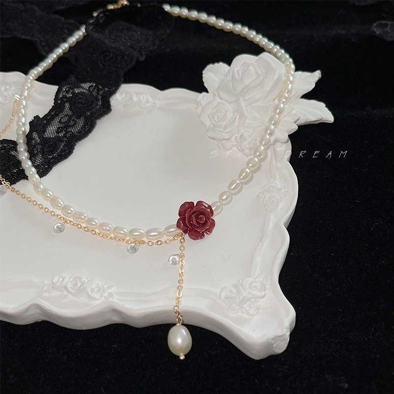 Vòng cổ Đính Ngọc Trai Và Hoa Hồng Chất Lượng Cao Thời Trang