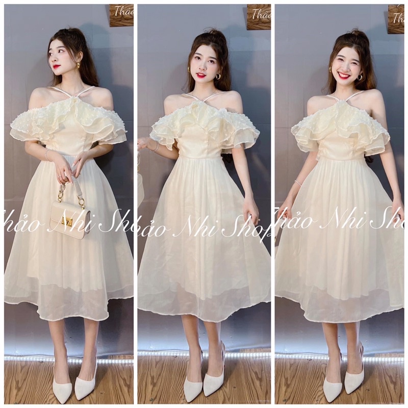 Đầm Dự Tiệc Trễ Vai Thước Tha Duyên Dáng 3 Lớp Có Cúp Ngực
