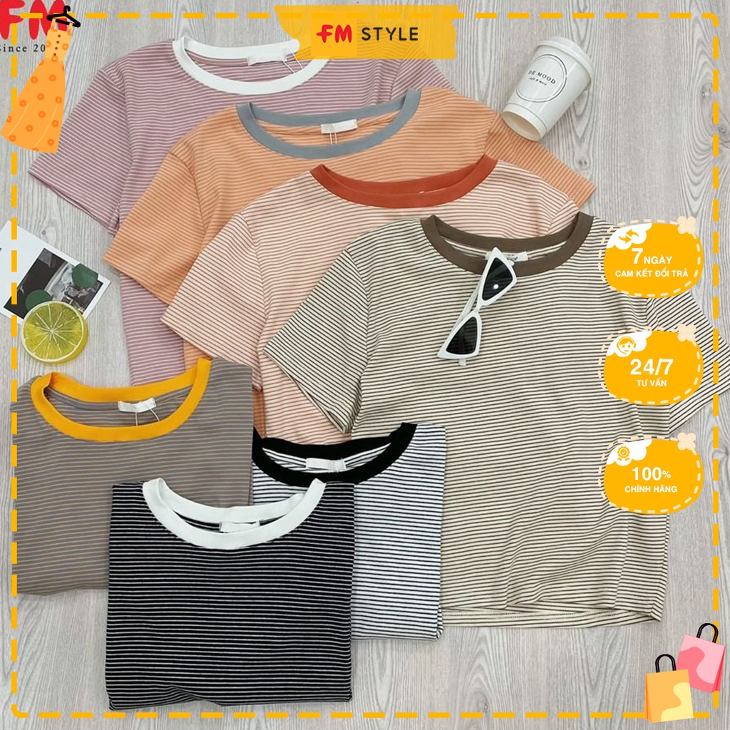 Áo thun croptop nữ FM Style cổ tròn tay ngắn dáng ôm basic hoạ tiết kẻ ngang phối màu dễ thương 204250077