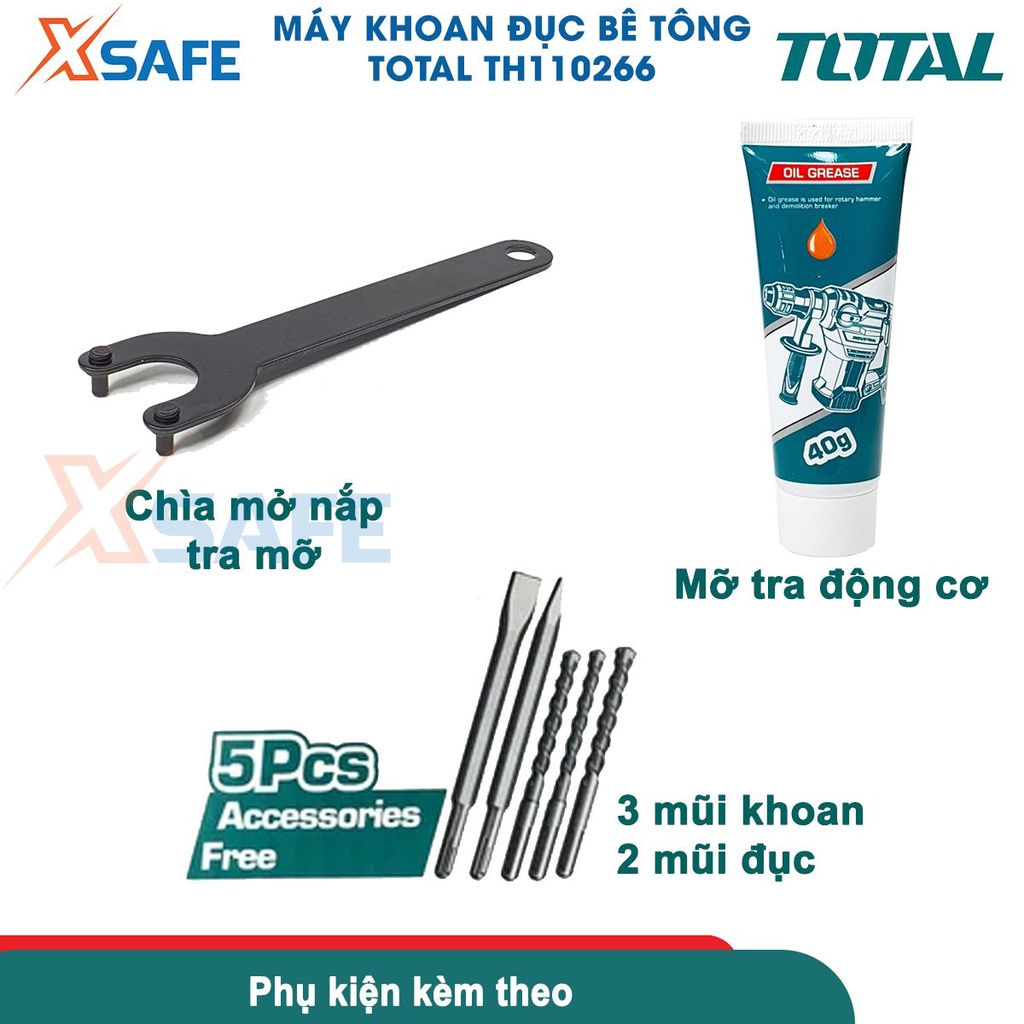 Máy khoan đục bê tông TOTAL TH110266 1050W, đầu gài mũi SDS plus, kèm 3 mũi khoan 2 mũi đục [CHÍNH HÃNG][XSAFE]