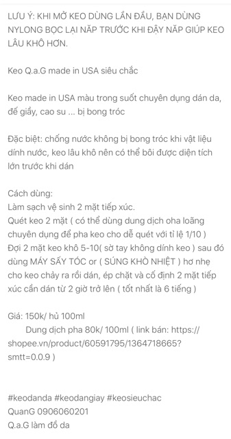 Keo dán giày, dán da, cao su Q.a.G made in USA siêu chắc 100ml