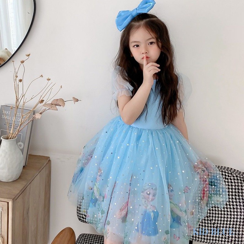 Đầm Lưới Tay Ngắn In Họa Tiết Hoạt Hình Phong Cách Hàn Quốc Thời Trang Xuân Hè Xinh Xắn Cho Bé Gái
