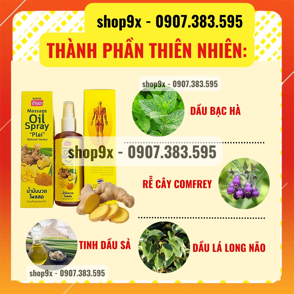 Dầu Xịt Gừng Nóng Xoa Bóp Giảm Đau - Đầu Xịt Phun Sương 300ml - BANNA OIL SPRAY NATURAL HERBS Thái Lan