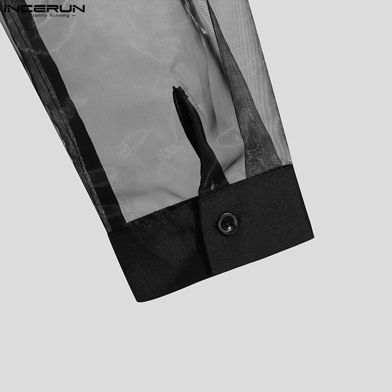 Áo sơ mi INCERUN tay dài nhìn xuyên qua màu đen thời trang phương Tây cho nam