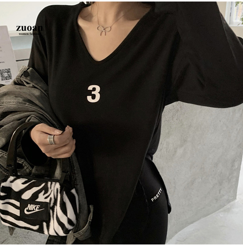 SUXI Áo Thun Cotton Màu Trắng Tay Dài In Họa Tiết Số Thời Trang Cho Nữ