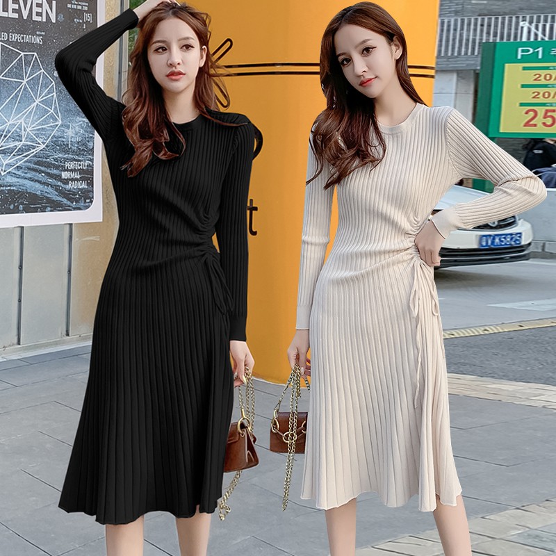 🎀Đầm váy len tay dài, nhún eo dài qua gối công sở QC38