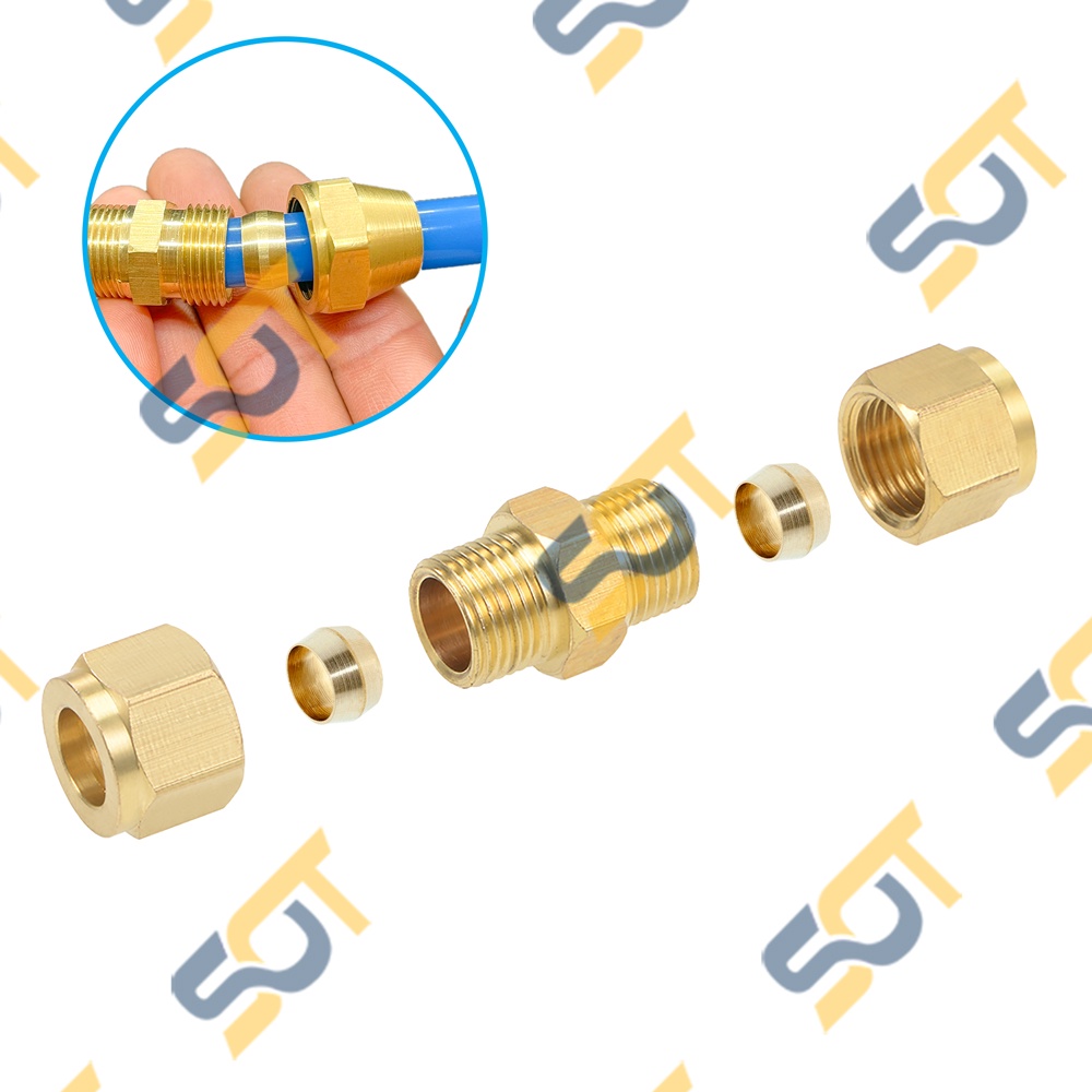 Nối Thẳng Hai Đầu Hạt Bắp & Nhẫn Dùng Kết Nối Ống Nhựa Pu & Ống Đồng - Brass Compression Double Union, Cong, Cút Ren NPT