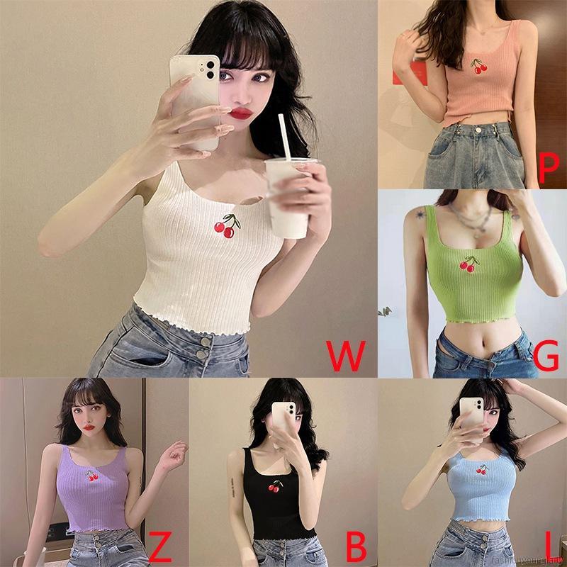 Áo Tank Top Dệt Kim Không Tay Thêu Hình Quả Cherry Thời Trang Mùa Hè Quyến Rũ Cho Nữ