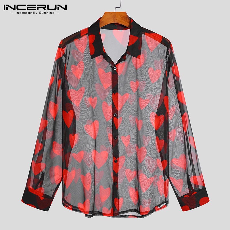 Áo sơ mi INCERUN dài tay hình trái tim nhìn xuyên qua quyến rũ nam tính