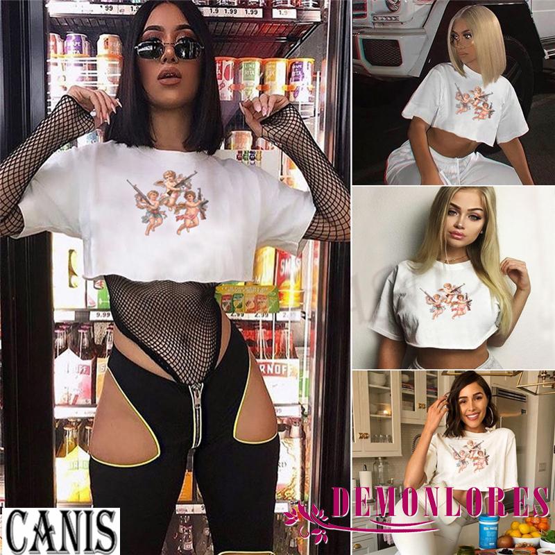 Áo Croptop Ngắn Tay In Hình Thiên Thần Cho Nữ