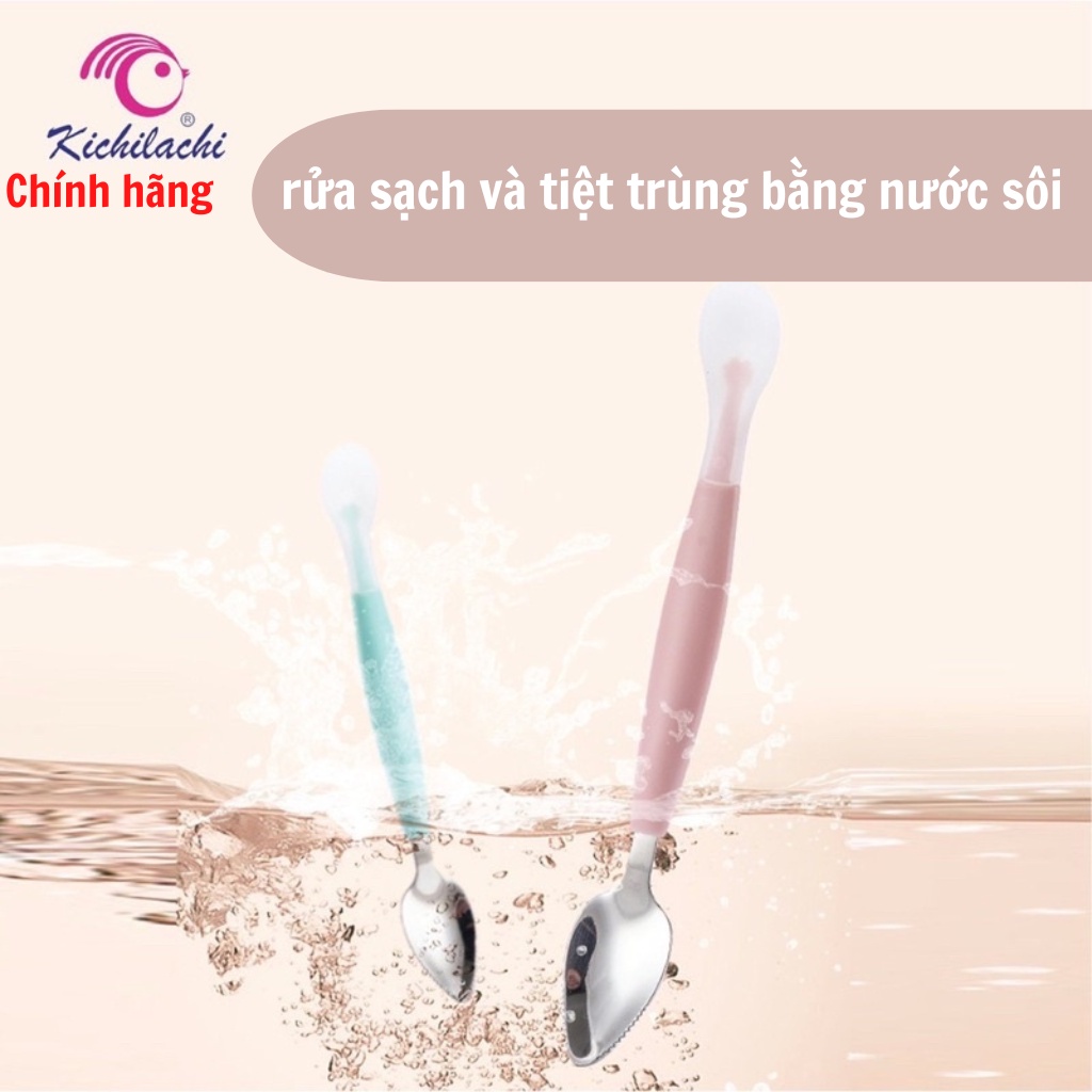 Thìa nạo hoa quả 2 đầu inox và silicon, Chính hãng Kichilachi cho bé kèm hộp đựng an toàn vệ sinh cho bé