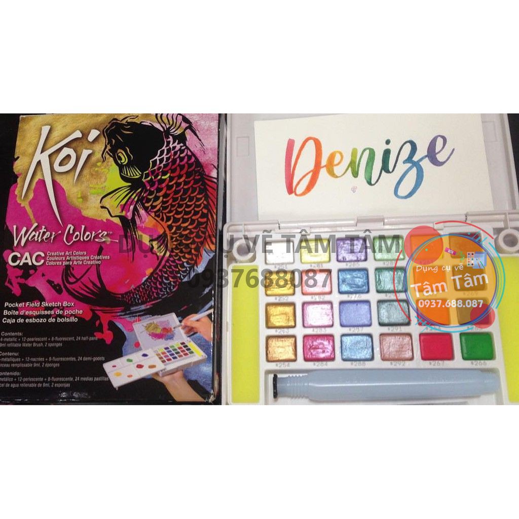 [ TÂM TÂM ]-KOI WATER COLORS có ánh ngọc trai 24-COLOR SET WITH WATERBRUSH-