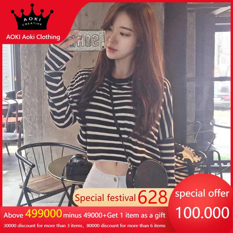 Women's long-sleeved black and white striped t-shirt 2022 Korean version, thin, open belly button, short student bat wing shirt 【Aoki238】