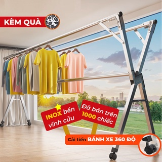 Sào Phơi Đồ Inox Thông Minh SP16, Cải Tiến Bánh Xe, Cây Gấp gọn, Giá Giàn Phơi Có Quà Tặng Móc Treo Đồ - 2,4m + Bánh xe