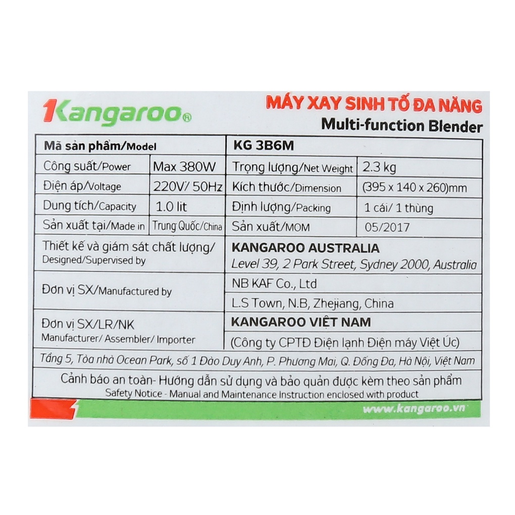 [Mã ELHA22 giảm 6% đơn 300K] Máy xay Kangaroo KG3B6M 1 lít 380W xay thịt, hạt, sinh tố, rau củ - Chính hãng 12 tháng