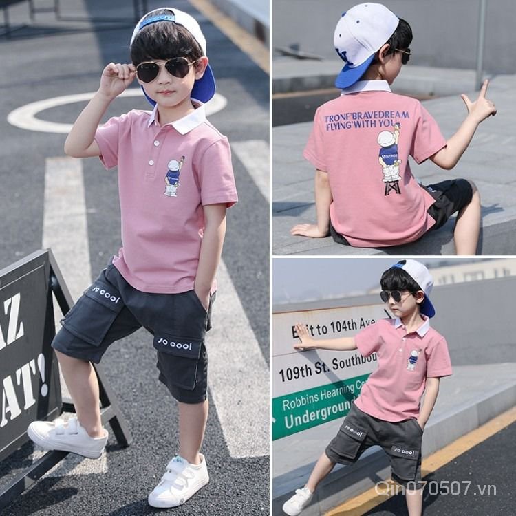 Bộ đồ thể thao áo thun tay ngắn có mũ trùm đầu bằng cotton thời trang mùa hè phong cách hàn quốc cho bé trai 8 tuổi