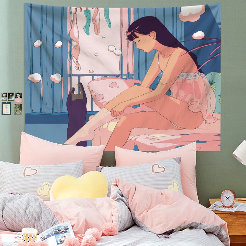 Tấm Vải Treo Tường Trang Trí Phông Nền Phòng Ngủ Hình Cô Gái Hoạt Hình