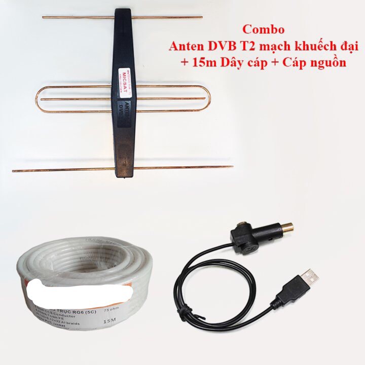 Combo Anten DVB T2 có mạch khuếch đại + 15m dây tín hiệu + Cáp nguồn