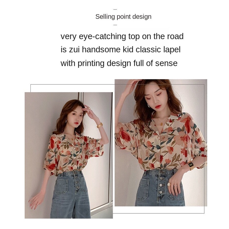 Áo sơ mi chiffon tay ngắn in họa tiết phong cách Hàn Quốc thờI trang cho nữ