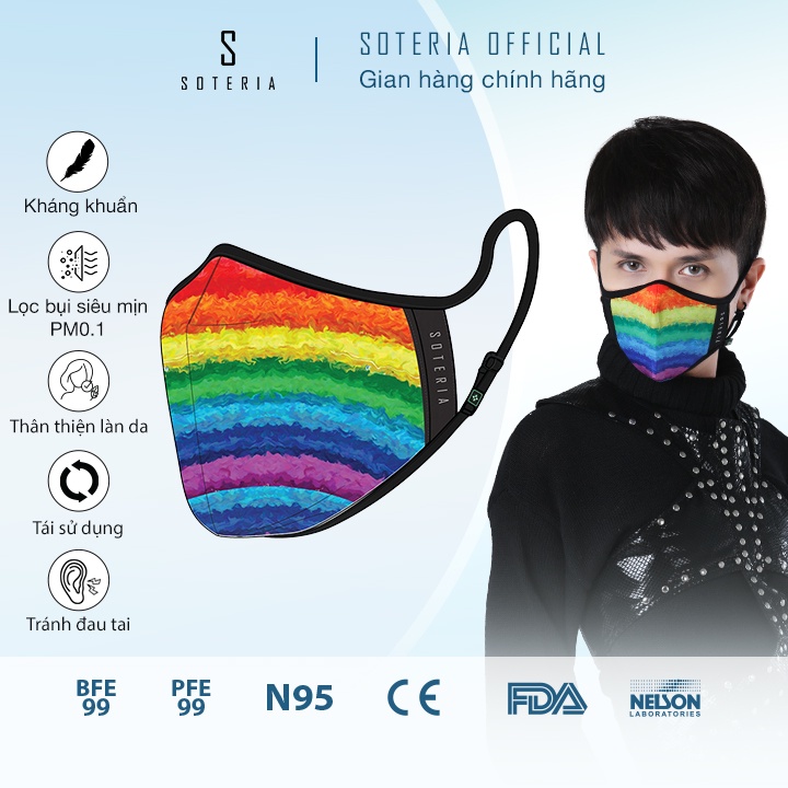 Khẩu trang tiêu chuẩn Quốc Tế SOTERIA Rainbow ST286 - Bộ lọc N95 BFE PFE 99 lọc đến 99% bụi mịn 0.1 micro-Size S,M,L