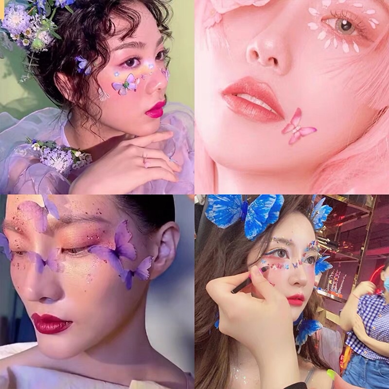 Set 5 bướm vải voan 2 lớp đính đá dùng trang điểm có sẵn phong cách cổ trang cosplay