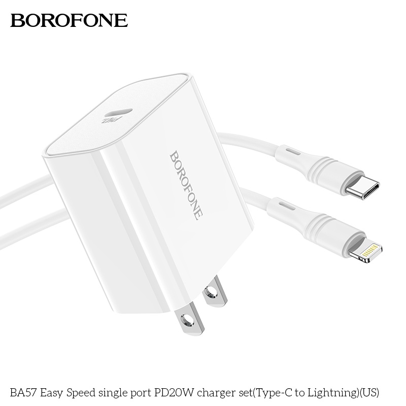 Sạc iPhone Borofone BA57 20W : Củ sạc nhanh 20W PD và dây sạc type-C to lightning tương thích iPhone 13,12,11,X,8,7,6
