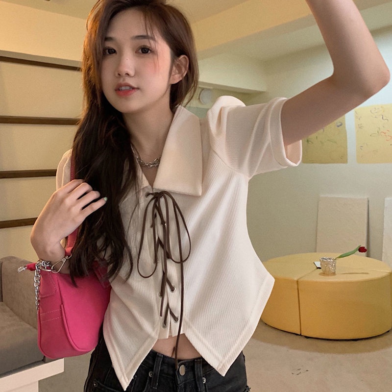 Áo Thun Tay Ngắn Cổ Polo Phối Dây Cột Thời Trang Mùa Hè Xinh Xắn Cho Nữ