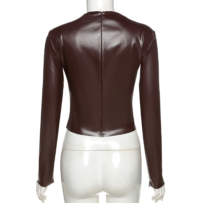 DUNEA Women Autumn Leather Zipper Plain High Neck Slim Long Sleeve T-shirt FPcL | BigBuy360 - bigbuy360.vn