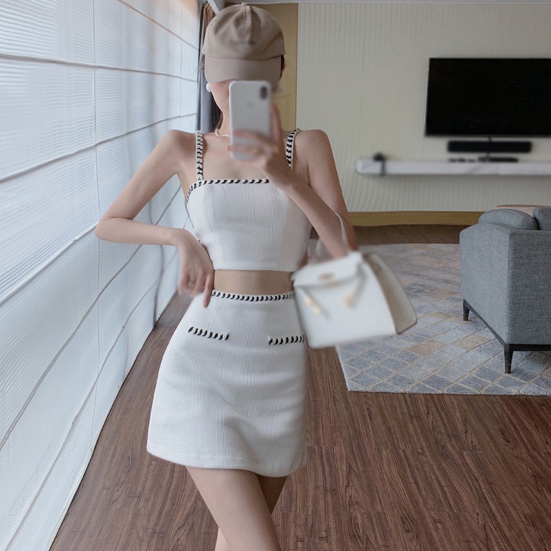 Bộ Áo Croptop Không Tay + Chân Váy Lưng Cao Dáng Ôm Gợi Cảm Thời Trang Hàn Quốc Cho Nữ