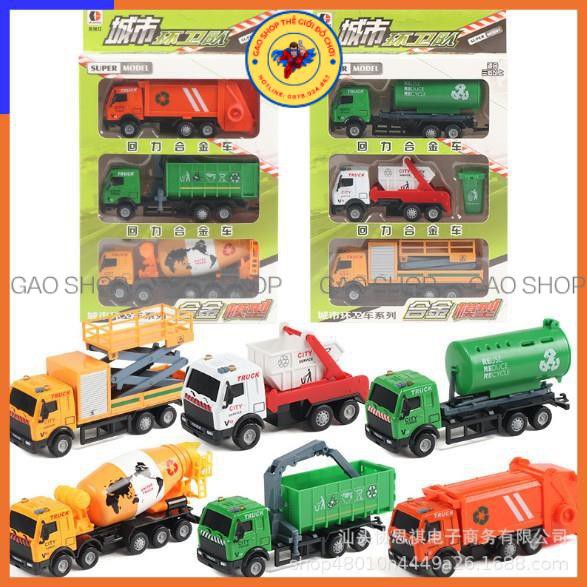 Hộp 6 xe ô tô môi trường, xe chở rác, xe chở nước, mô hình đồ chơi ô tô cho bé sáng tạo