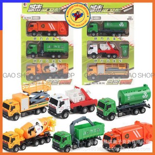 Hộp 6 xe ô tô môi trường, xe chở rác, xe chở nước, mô hình đồ chơi ô tô cho bé sáng tạo