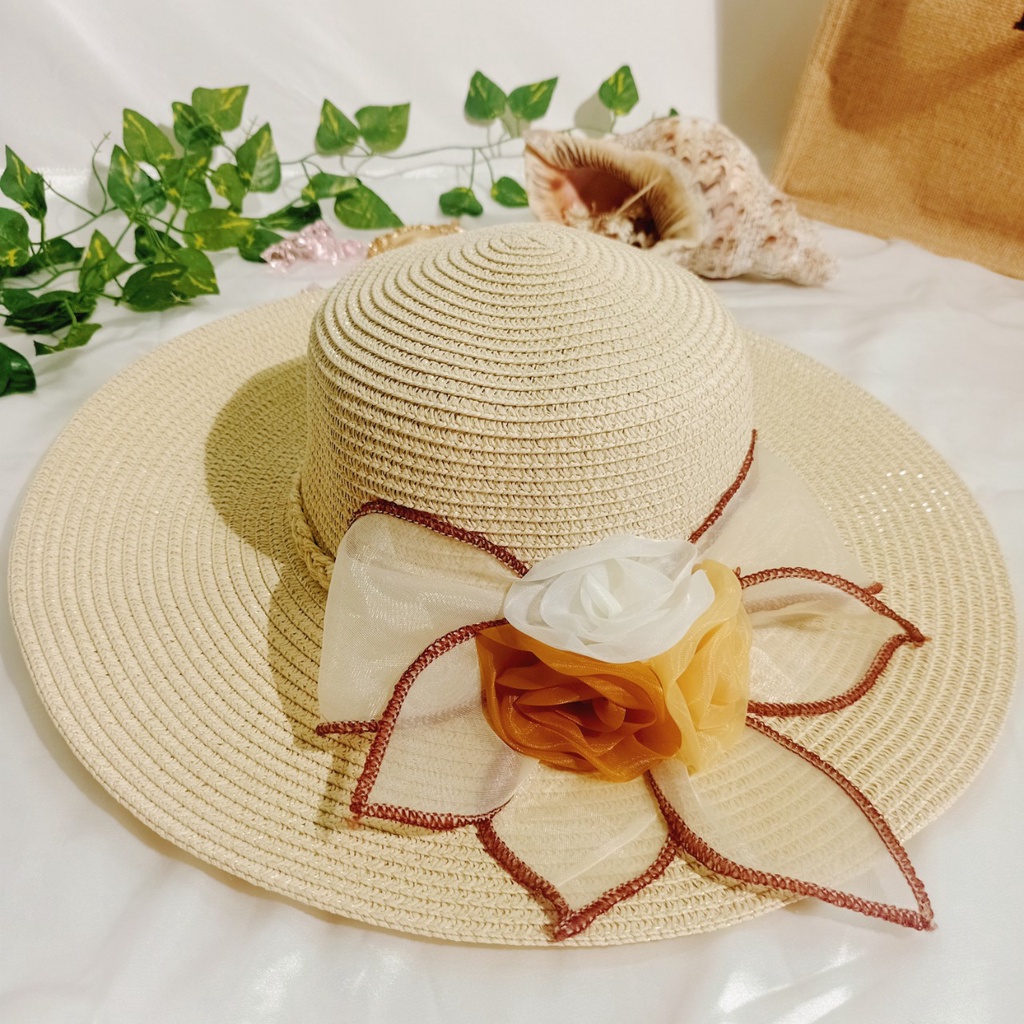 Nón cói/mũ cói nữ đi biển vành rộng phối hoa bản to rực rỡ sang chảnh hình chụp thật-vành rộng hoa to