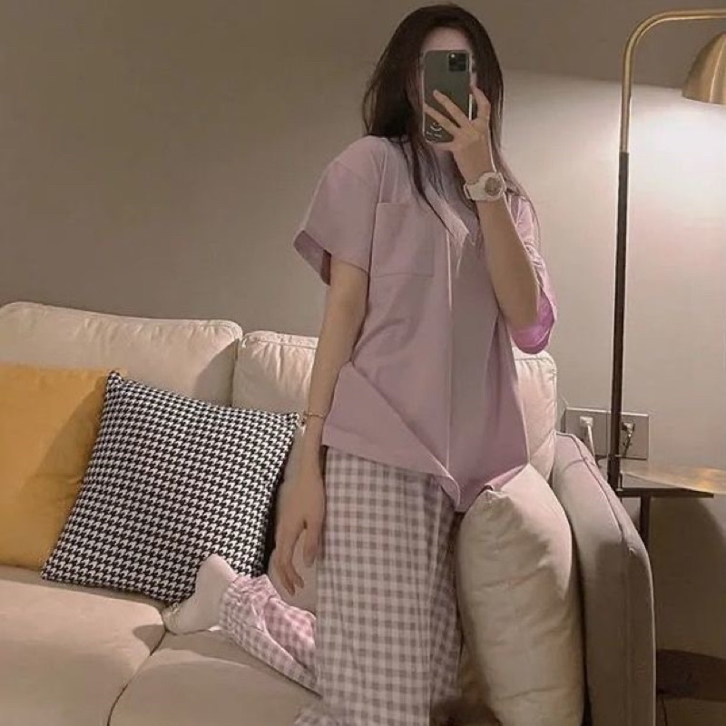 A13_Đồ Ngủ Pyjama Nữ Áo Cộc Tay Trơn Có Túi Ngực Quần Dài Kẻ Caro Chất Cotton Mặc Nhà Thoáng Mát Style Hàn Quốc