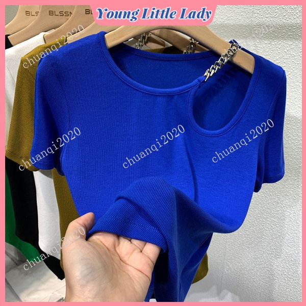 Irregular Klein Blue Short-Sleeved T-shirt Women's Design Sense Niche New Style Short Summer Collarbone Hollow Top Fashion