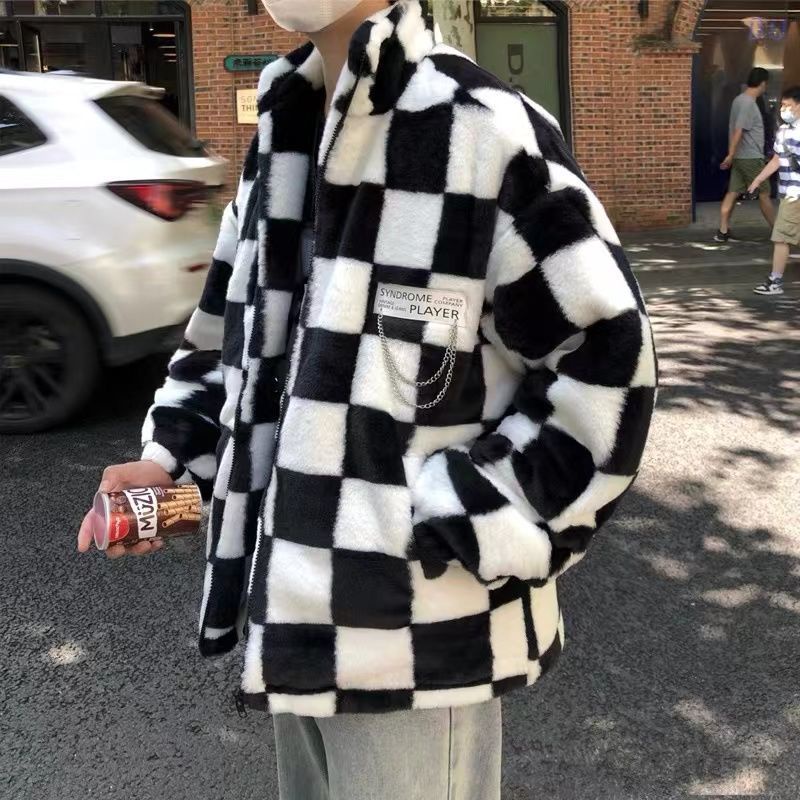 Áo khoác lông dáng Oversize hoạ tiết caro đen trắng