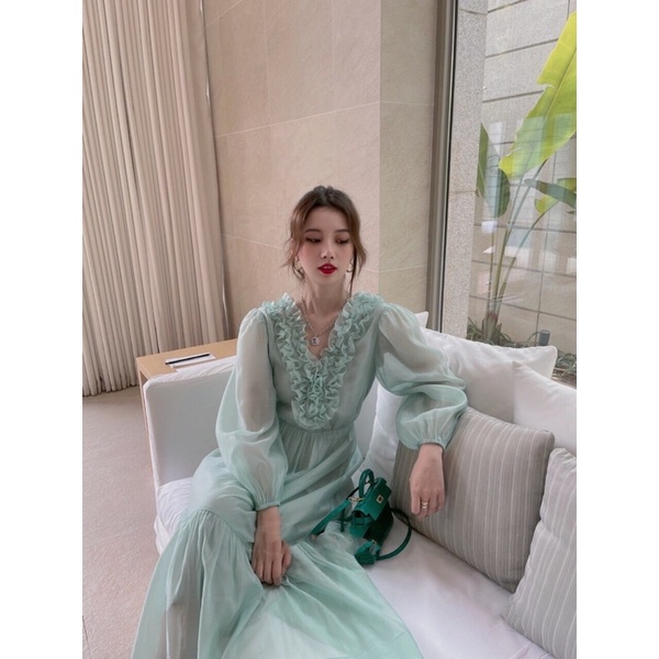 Váy xanh mint tiểu thư bèo nhún cổ tay phồng mãi voan tơ