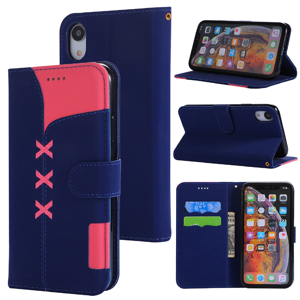 Bao da điện thoại bằng PU nắp lật thêu họa tiết kiểu ví cho Iphone 6 6S 7 8 Plus X XS Max
