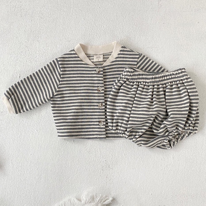 Bộ Áo Thun Tay Dài Kẻ Sọc + Quần Short 2 Món Cho Bé Trai Sơ Sinh