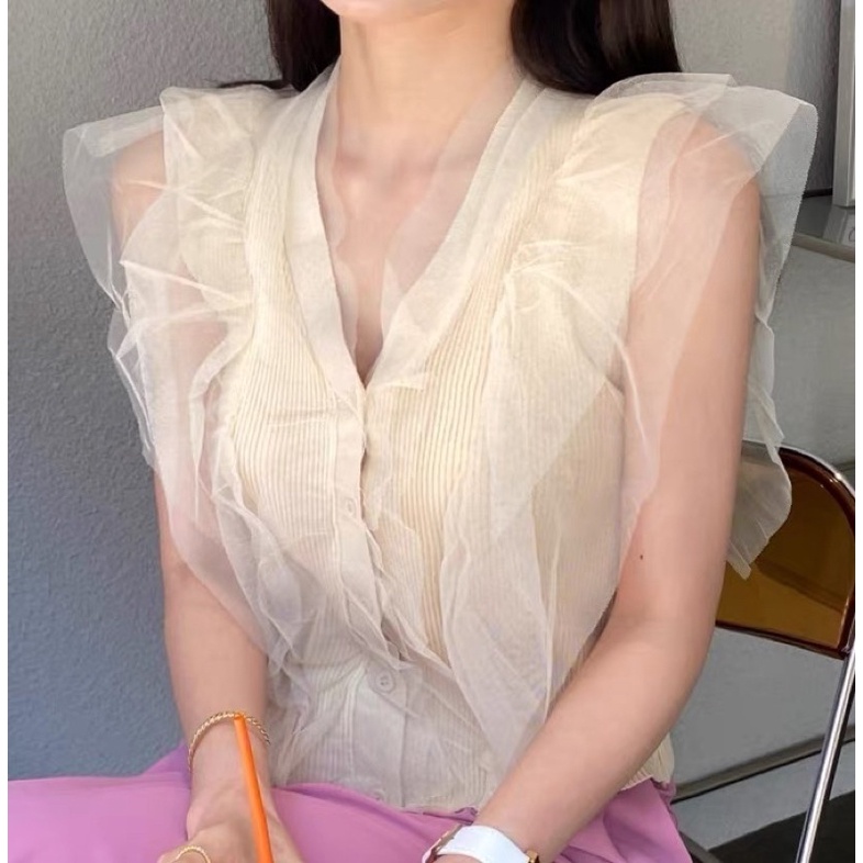 Min2handshop Áo dệt kim phối lưới sát nách be