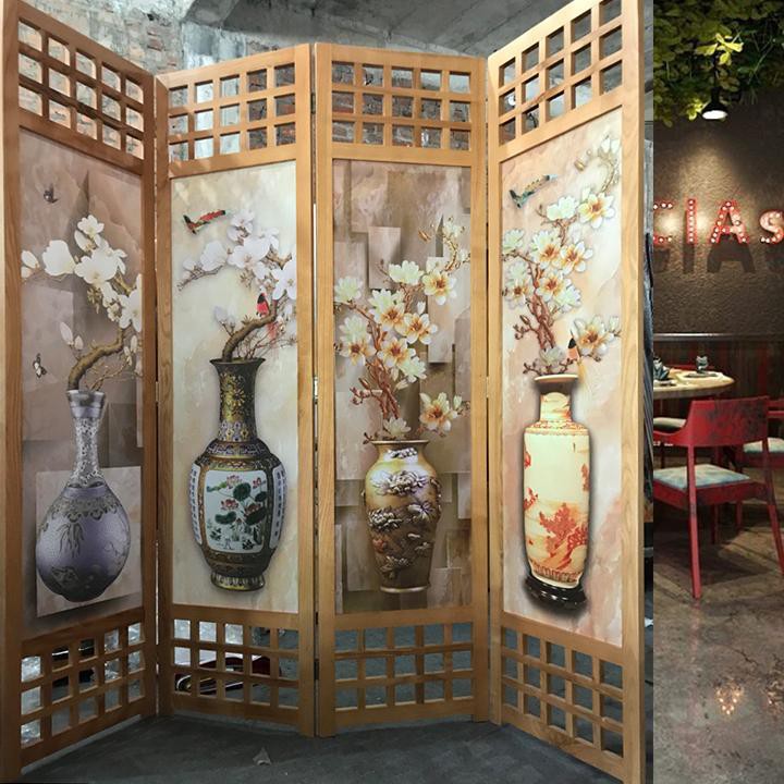 Bình phong vách ngăn bằng gỗ tự nhiên nền vải tranh tứ quý GT506