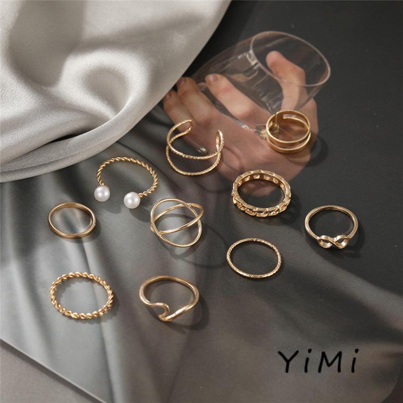 Bộ 10 Nhẫn Vàng Đính Ngọc Trai Sang Trọng Có Thể Điều Chỉnh Kích Cỡ