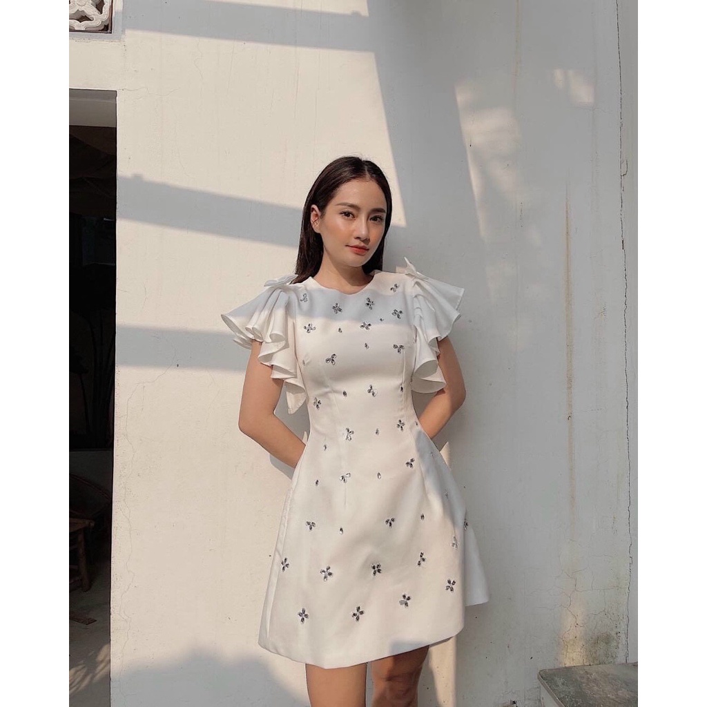 Đầm Dáng Xòe ❤️FREESHIP❤️ Cổ Tròn Tay Ngắn Đính Hạt Nơ Vai