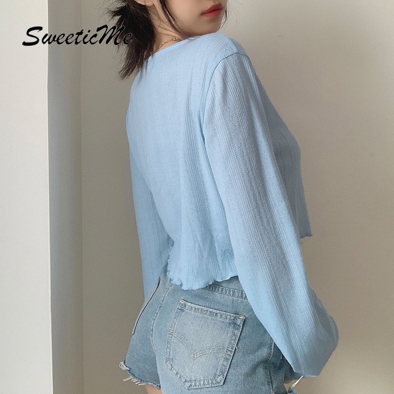 Áo thun Sweeticme cổ chữ V tay dài cho nữ