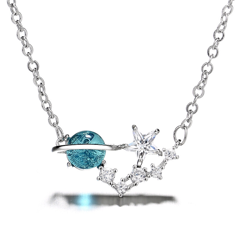 Ngôi Sao Hành Tinh Pha Lê Vòng Cổ Chuỗi Hạt Sky Star Planet Blue Crystal Glass Necklace Women Jewelry