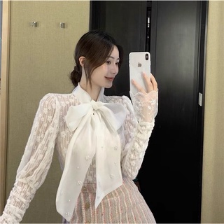 Áo sơ mi lụa cổ nơ cách điệu phong cách Hàn Quốc