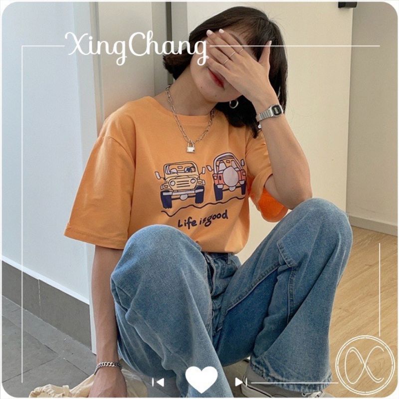 Áo thun tay lỡ unisex xe hơi Life is good