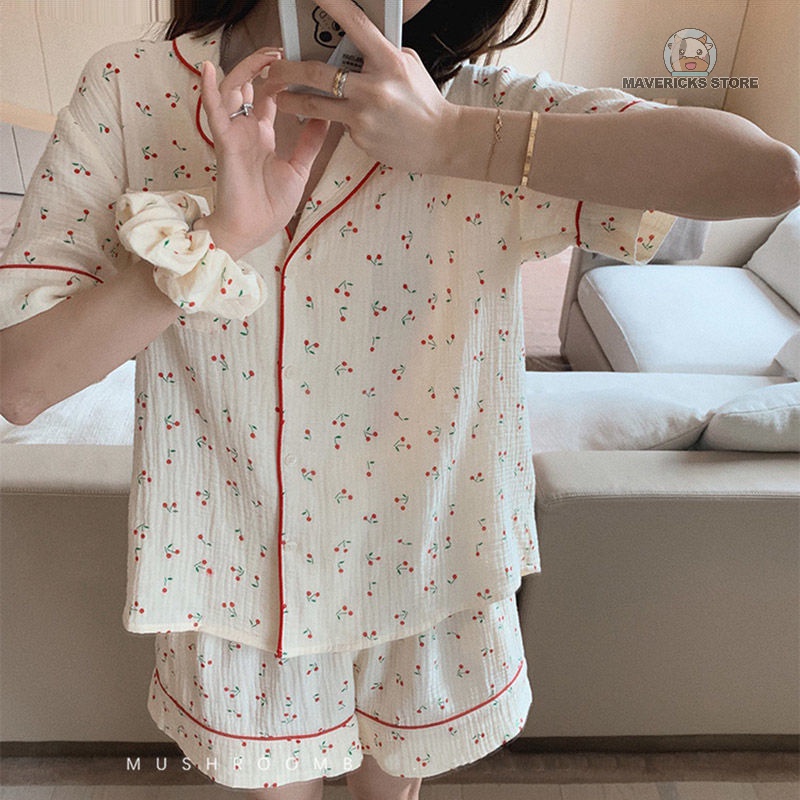 Bộ đồ ngủ cotton họa tiết quả cam dễ thương phong cách Hàn Quốc thời trang mùa hè mát mẻ cho nữ
