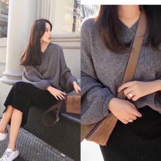 Set áo len cổ tim dáng thụng rộng + chân váy len tăm  xinh